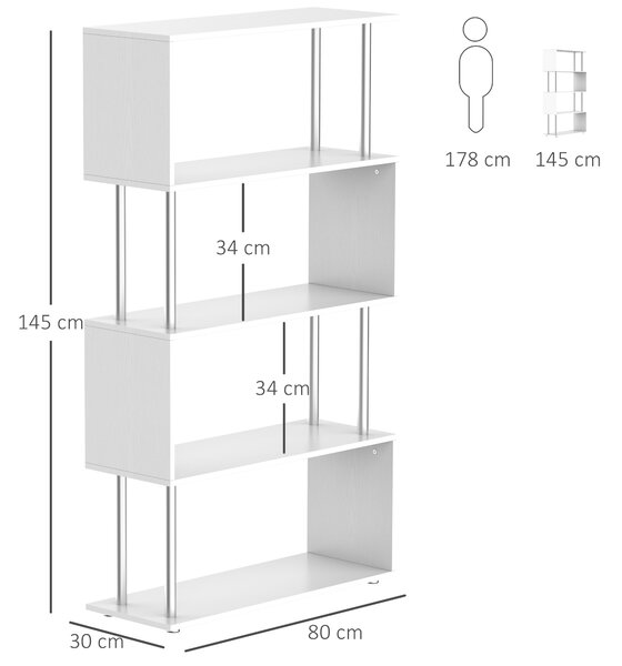 HOMCOM Bibliotecă Modernă cu 4 Rafturi, pentru Living sau Birou, 80x30x145 cm, Alb | Aosom Romania