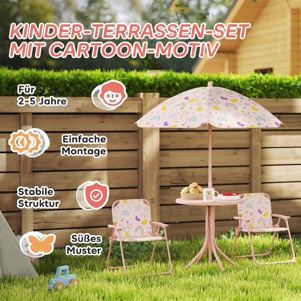 AIYAPLAY Set de Mobilier de Grădină din 4 Piese cu Masă, Scaune și Umbrelă de Soare Reglabilă, 50xΦ49,5 cm, Roz | Aosom Romania