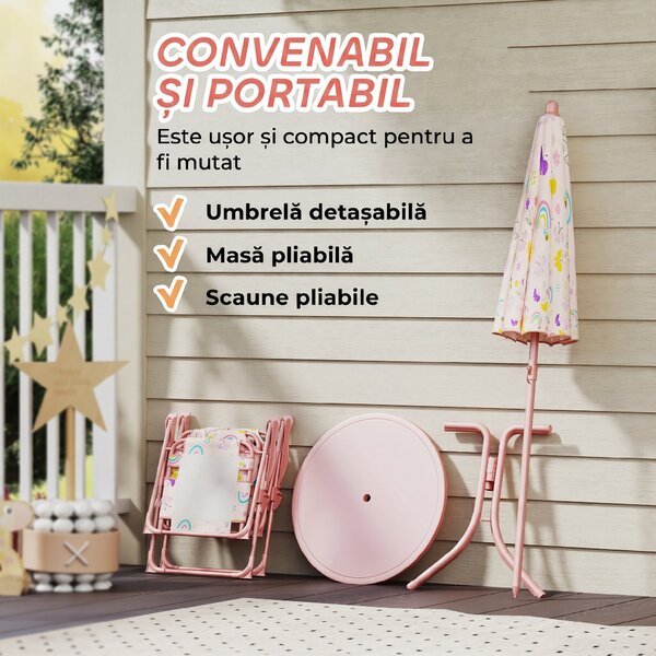 AIYAPLAY Set de Mobilier de Grădină din 4 Piese cu Masă, Scaune și Umbrelă de Soare Reglabilă, 50xΦ49,5 cm, Roz | Aosom Romania