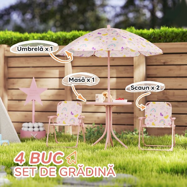 AIYAPLAY Set de Mobilier de Grădină din 4 Piese cu Masă, Scaune și Umbrelă de Soare Reglabilă, 50xΦ49,5 cm, Roz | Aosom Romania