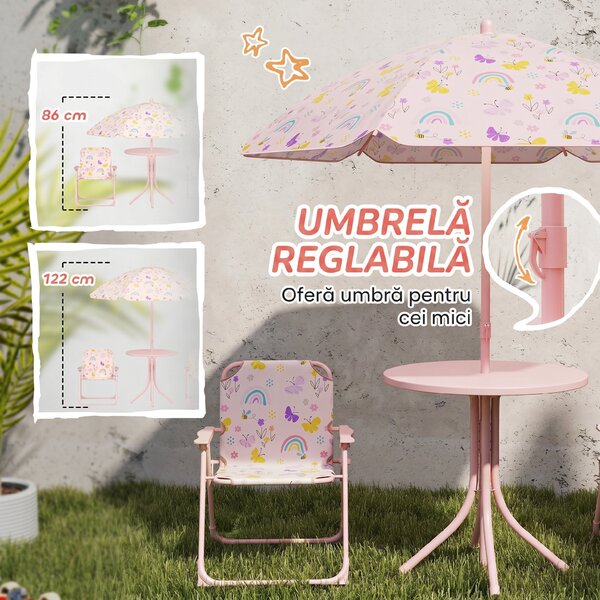 AIYAPLAY Set de Mobilier de Grădină din 4 Piese cu Masă, Scaune și Umbrelă de Soare Reglabilă, 50xΦ49,5 cm, Roz | Aosom Romania
