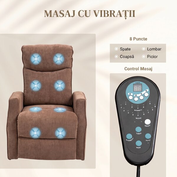 HOMCOM Fotoliu de Relaxare Electric cu 2 Telecomenzi, Suport pentru Picioare și 8 Puncte de Masaj, 74,5x87,5x110 cm, Maro | Aosom Romania