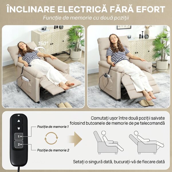 HOMCOM Fotoliu Relaxant Electric cu Masaj și Încălzire, cu Suport pentru Picioare, Silențios, Reclinabil 150° în Material Catifelat Prietenos cu Animalele, cu Funcție de Memorare, 2 Telecomenzi pentru Sufragerie, Bej | Aosom Romania