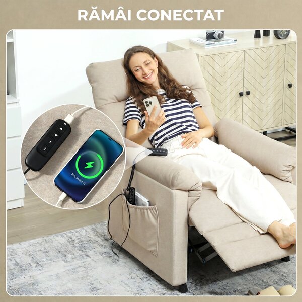 HOMCOM Fotoliu Relaxant Electric cu Masaj și Încălzire, cu Suport pentru Picioare, Silențios, Reclinabil 150° în Material Catifelat Prietenos cu Animalele, cu Funcție de Memorare, 2 Telecomenzi pentru Sufragerie, Bej | Aosom Romania