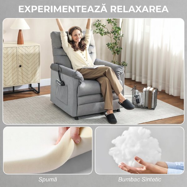 HOMCOM Fotoliu Relaxant Electric de Masaj și Încălzire cu Suport pentru Picioare, Silențios, Reclinabil 150° în Catifea Prietenoasă cu Animalele cu Funcție de Memorare, 2 Telecomenzi pentru Sufragerie, Gri | Aosom Romania