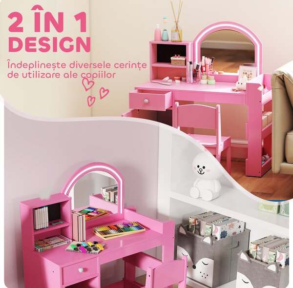 AIYAPLAY Set masă și scaun de machiaj pentru copii, cu lumini LED, MDF, Acril, 88.6 x 38.8 x 96.9, Roz | Aosom Romania