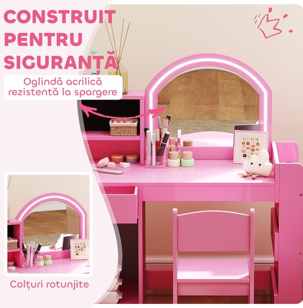 AIYAPLAY Set masă și scaun de machiaj pentru copii, cu lumini LED, MDF, Acril, 88.6 x 38.8 x 96.9, Roz | Aosom Romania