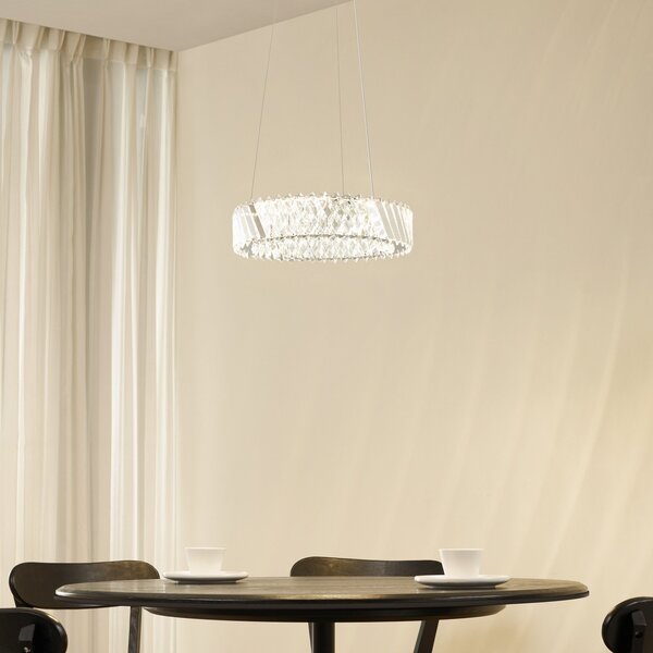 Lucande Lampă suspendată LED Glacis, cristal, Ø 40 cm, crom, Transparent, Camera de zi / sufragerie, Sticlă, Design