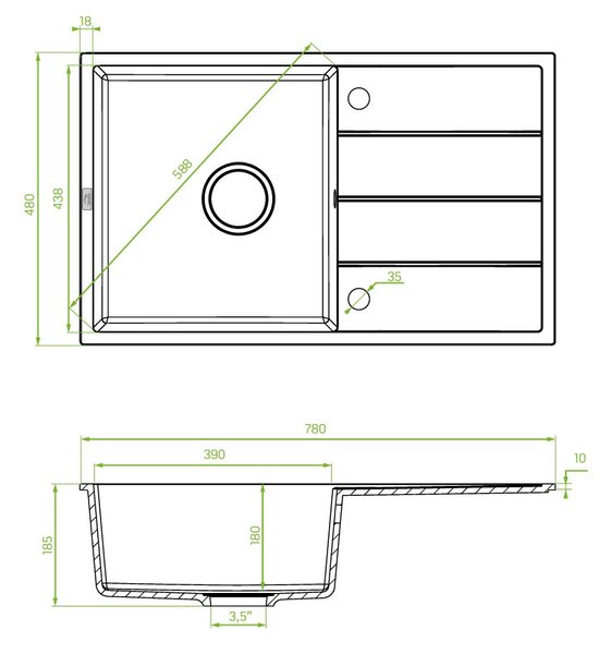 Laveo Wolin, chiuvetă din granit cu 1 compartiment 780x480x185 mm, negru pătat, LAV-SPW_711T