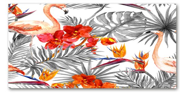 Fotografie imprimată pe sticlă Flamingos și flori