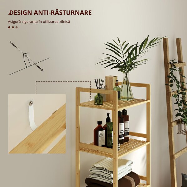 HOMCOM Raft de Depozitare pentru Baie cu 5 Niveluri, 43,5x31,5x142 cm, Lemn Natural | Aosom Romania