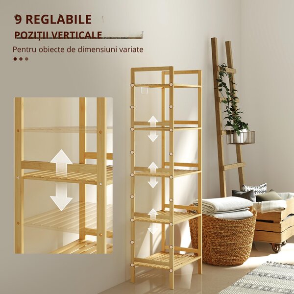 HOMCOM Raft de Depozitare pentru Baie cu 5 Niveluri, 43,5x31,5x142 cm, Lemn Natural | Aosom Romania