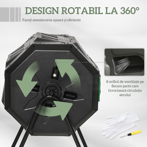 Outsunny Compostor Rotativ cu 2 Secțiuni și 8 Prize de Aerisire din Oțel și PP, 160L, 71x65x96 cm, Gri | Aosom Romania