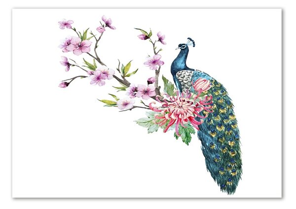 Tablou Printat Pe Sticlă Peacock și flori