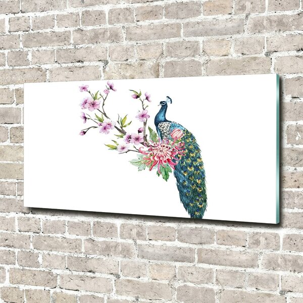 Tablou Printat Pe Sticlă Peacock și flori