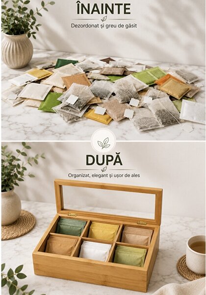 Cutie Pufo din bambus cu 6 compartimente si capac din sticla pentru plicuri de ceai – organizator elegant, 30 x 18 x 9 cm