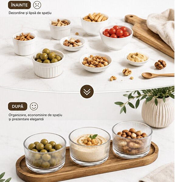Set 3 boluri din sticla Pufo Ellegance cu suport din lemn pentru aperitive, gustari, fructe