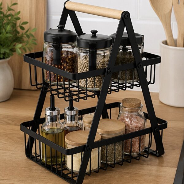 Raft tip etajera cu 2 niveluri din metal si bambus, pentru prajituri, torturi, fructe, aperitive, 24 x 22 cm- elegant si practic