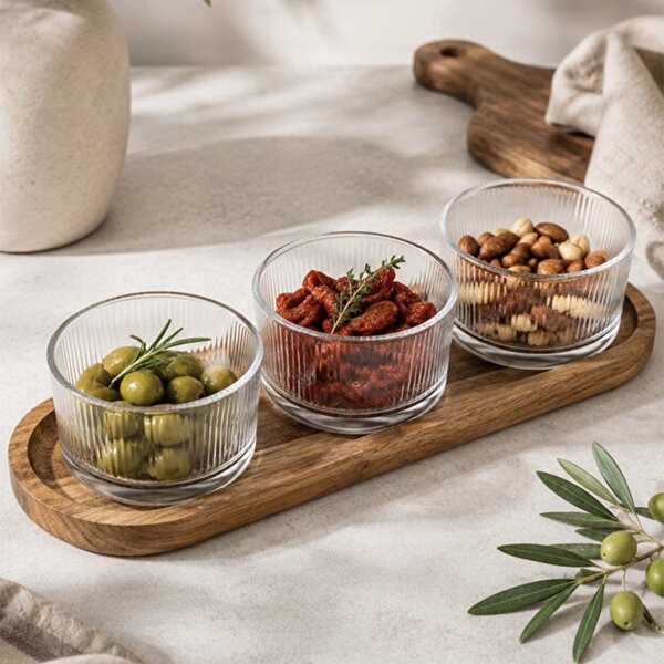 Set 3 boluri din sticla Pufo Ellegance cu suport din lemn pentru aperitive, gustari, fructe