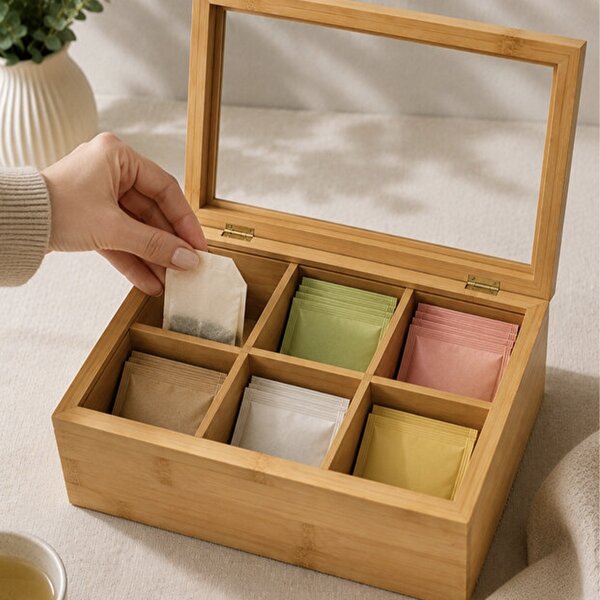 Cutie Pufo din bambus cu 6 compartimente si capac din sticla pentru plicuri de ceai – organizator elegant, 30 x 18 x 9 cm