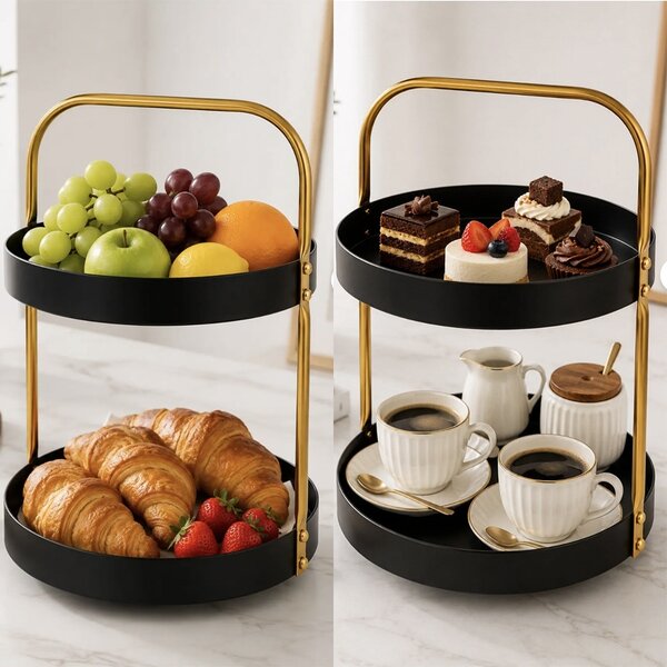 Fructiera etajata Pufo Luxury din metal cu 2 niveluri, pentru prajituri, mini torturi, fructe, aperitive, negru
