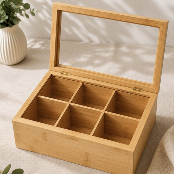 Cutie Pufo din bambus cu 6 compartimente si capac din sticla pentru plicuri de ceai – organizator elegant, 30 x 18 x 9 cm