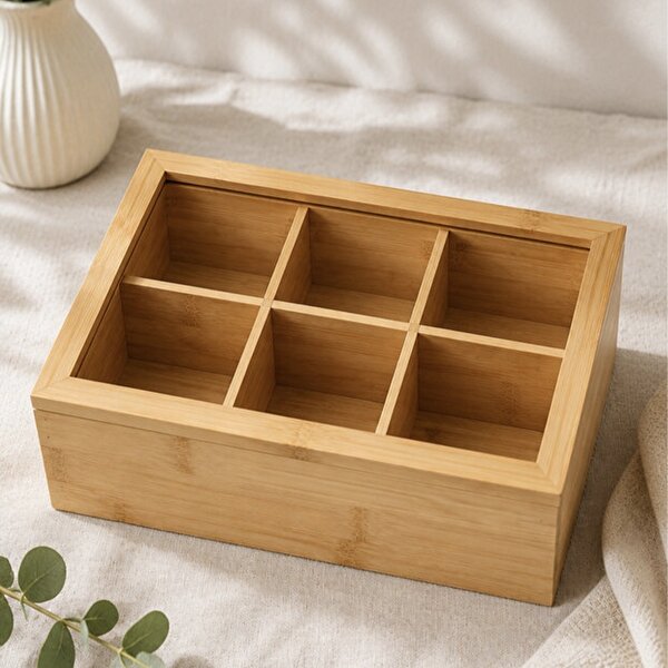Cutie Pufo din bambus cu 6 compartimente si capac din sticla pentru plicuri de ceai – organizator elegant, 30 x 18 x 9 cm