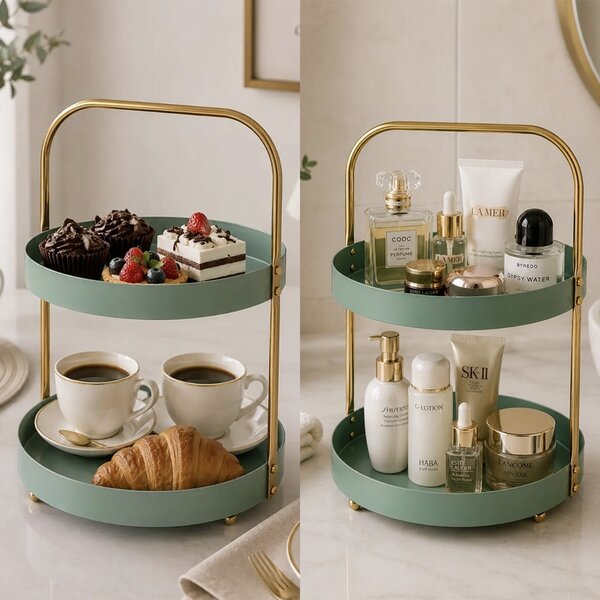 Fructiera etajata Pufo Luxury din metal cu 2 niveluri, pentru prajituri, mini torturi, fructe, aperitive, verde