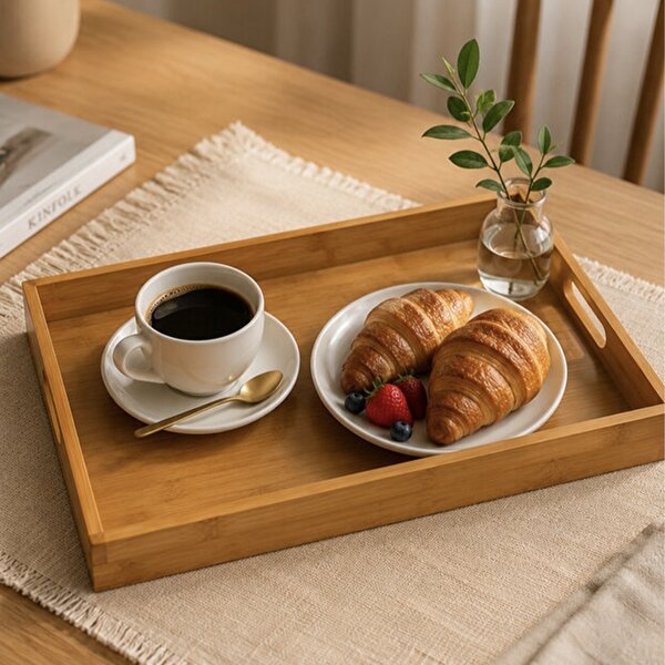 Tava Pufo cu manere din lemn de bambus pentru servire, 38 x 25 cm, maro