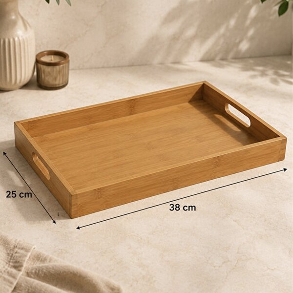 Tava Pufo cu manere din lemn de bambus pentru servire, 38 x 25 cm, maro