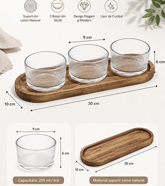 Set 3 boluri din sticla Pufo Ellegance cu suport din lemn pentru aperitive, gustari, fructe