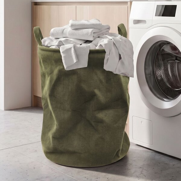 Coș de rufe pliabil, textil, rotund, 38x38x50 cm, culoare kaki