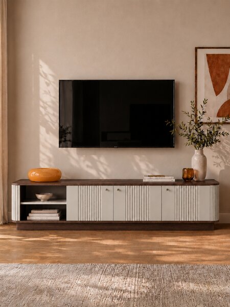 Comodă TV pe soclu Vesper 4D 187 cm - cașmir / nuc / mânere negre