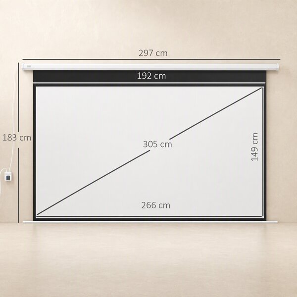 HOMCOM Ecran Proiector 120", Motorizat cu Telecomandă, Montaj pe Perete sau Tavan, Ideal pentru Acasă și Birou, 293,5x8x176 cm, Alb | Aosom Romania