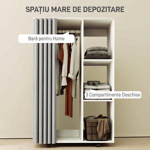 HOMCOM Dulap Haine Dulap Con 4 Ruote, Per Dormitor, 80x40x128 cm Cm, Alb | Aosom Romania