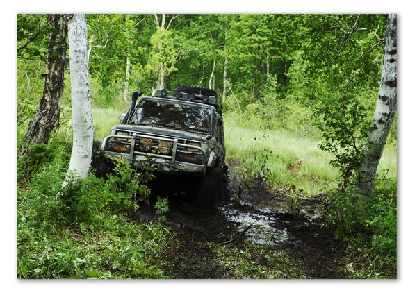 Tablou Printat Pe Sticlă Jeep în pădure