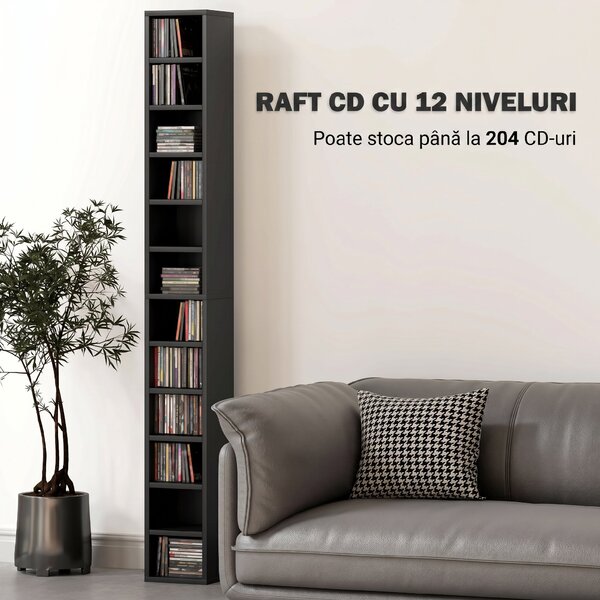 HOMCOM Dulap Suport Cd Da Perete Con 12 Polițe In Lemn 21x20x175cm Negru | Aosom Romania