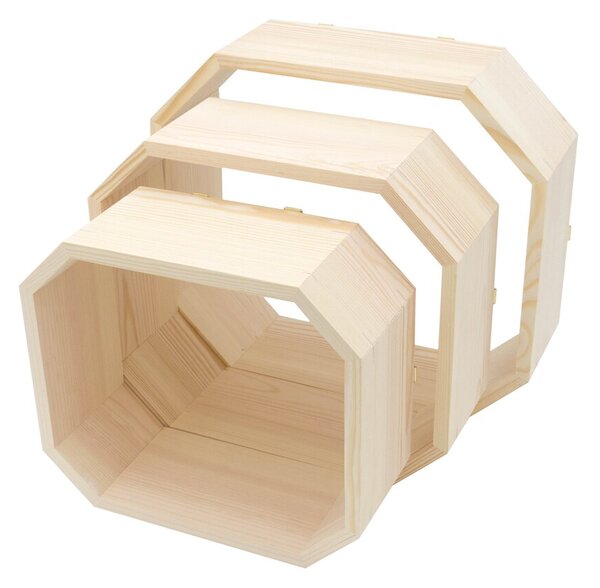 Set 3 rafturi de perete in forma octogonala, Octa Wood, natur, 32x32x11.4 cm, 28x28x11.4 cm, 23.5x23.5x11.4 cm