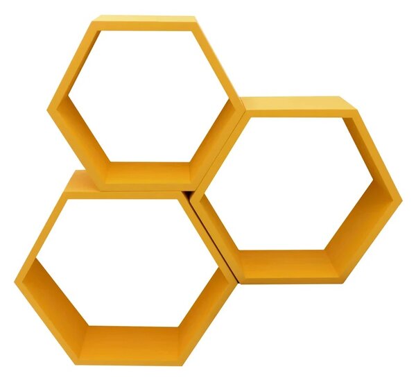 Set 3 rafturi de perete din lemn, in forma hexagonala, cu prindere ascunsa, Carnival, orange, 37,5 x 32,5 x 9,5 cm, 32,5 x 28 x 9,5 cm, 27,5 x 24 x 9