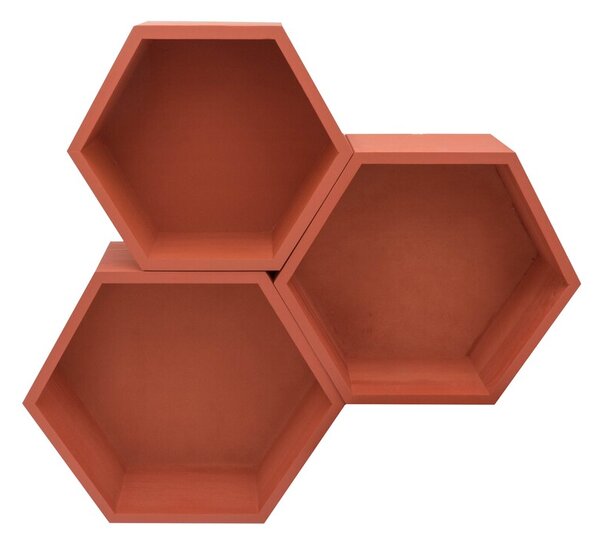 Set 3 rafturi de perete din lemn, in forma hexagonala, cu prindere ascunsa, Kapak, rosu