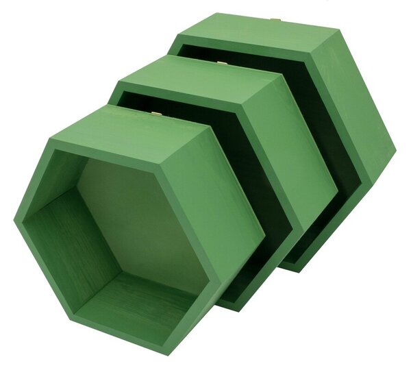 Set 3 rafturi de perete din lemn, in forma hexagonala, cu prindere ascunsa, Kapak, verde