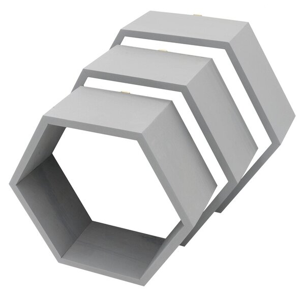 Set 3 rafturi de perete din lemn in forma hexagonala Carnival gri