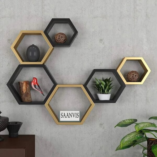 Set 6 rafturi de perete din lemn, in forma hexagonala, cu prindere ascunsa, Circus, negru/auriu
