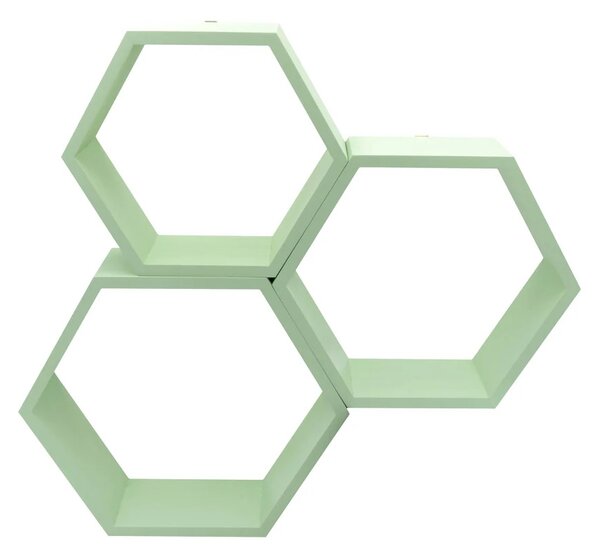 Set 3 rafturi de perete din lemn, in forma hexagonala, cu prindere ascunsa, Carnival, mint, 37,5 x 32,5 x 9,5 cm, 32,5 x 28 x 9,5 cm, 27,5 x 24 x 9,5