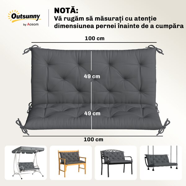 Outsunny Pernă de Grădină Modernă pentru Ședere în Exterior cu 6 Curele, Pernă Căptușită din Bumbac și Poliester, pentru Canapele Balanțe Bănci, 100x98x8 cm, Gri Închis | Aosom Romania