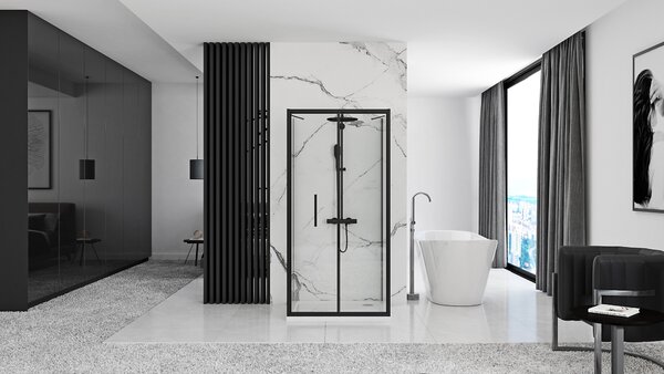Rea Rapid Fold, cabină de duș cu 3 pereți cu ușă rabatabilă 80 (uşă) x 90 (perete) x 195 cm, sticlă transparentă de 4 mm, profil negru, KPL-09911