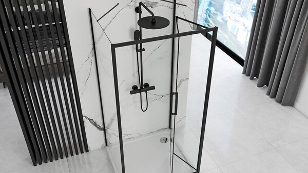 Rea Rapid Fold, cabină de duș cu 3 pereți cu ușă rabatabilă 80 (uşă) x 90 (perete) x 195 cm, sticlă transparentă de 4 mm, profil negru, KPL-09911