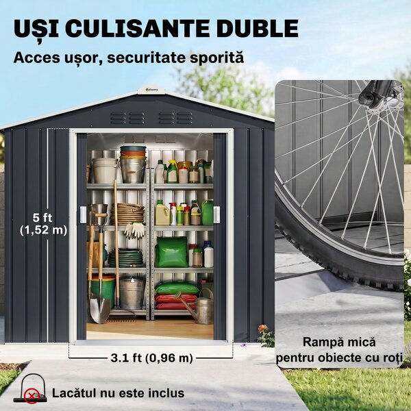 Outsunny Magazie de grădină metalică 2,77 m², 213 x 130 x 185 cm cu fundație, uși culisante, gri închis | Aosom Romania