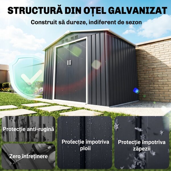 Outsunny Magazie de grădină metalică 2,77 m², 213 x 130 x 185 cm cu fundație, uși culisante, gri închis | Aosom Romania