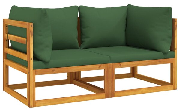 Canapele colț modulare, 2 buc, perne verzi, lemn masiv acacia